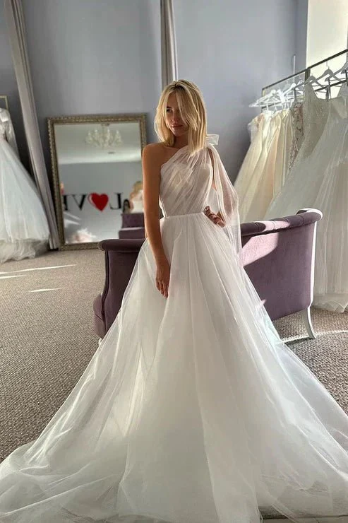 Glitter One Shoulder Bowknot Tulle Wedding Dress Bridal Gowns With Train