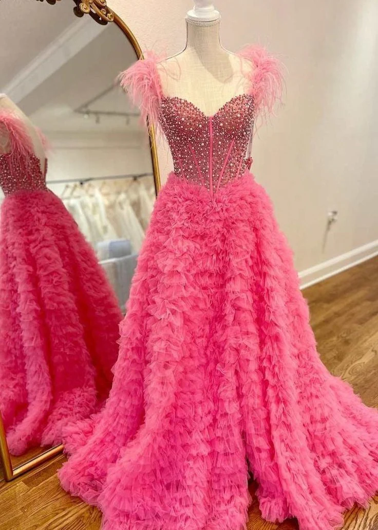 Astrid |A Line Off the Shoulder Tiered Tulle Prom Dress With Slit