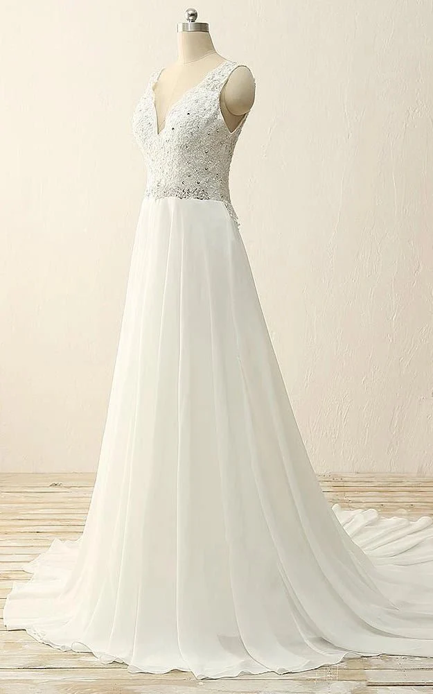 Maxi V-Neck Beading Chiffon Lace Satin Dress