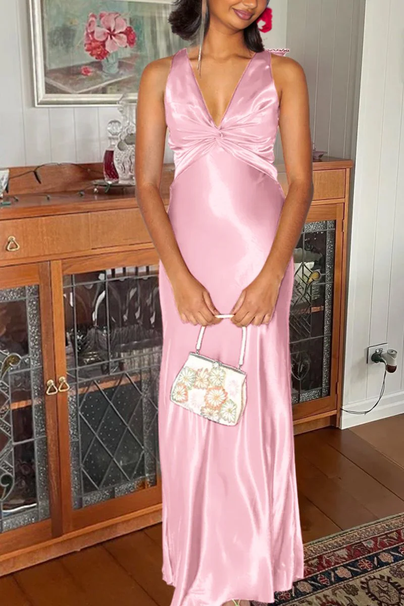 Steph | Halter V-Neck Pleated Satin Sleeveless Long Prom Party Dress