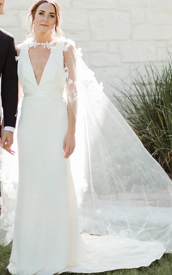 Modern Sheath V-neck Satin Sweep Train Wedding Dress