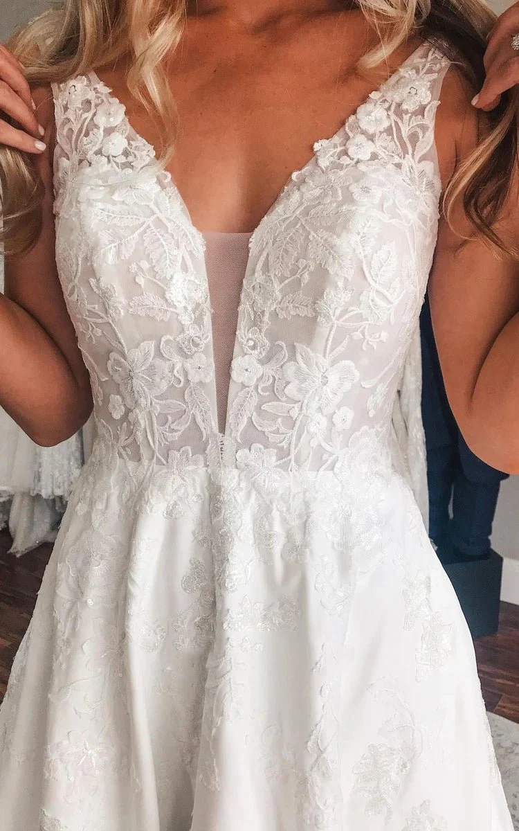 Sansa | Plunging Neckline A-Line Satin Wedding Dress With Low-V Back And Appliques