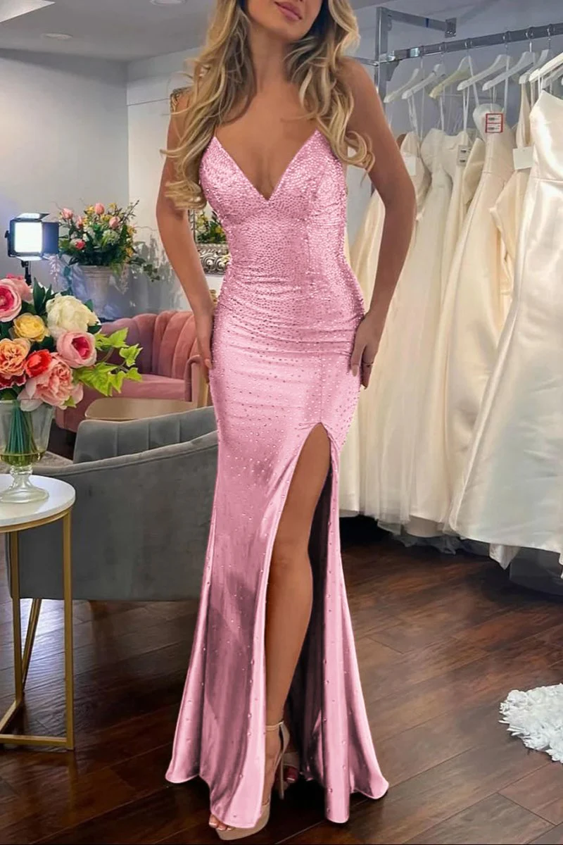 Jean | Sexy Mermaid V Neck Satin Slit Prom Dress with Hot Stone