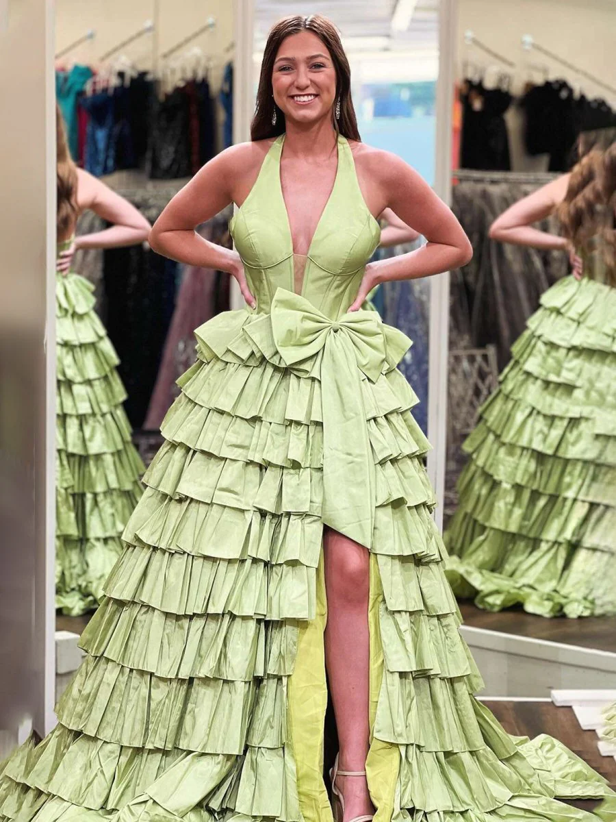 Iridium | Halter A-Line Blue Satin Long Ruffled Prom Dress With Slit