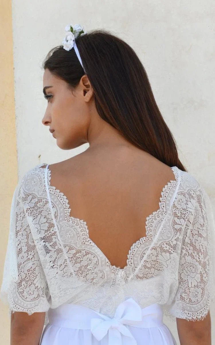 Bohemian V Neck Cleavage Lace Sleeves Wedding Dress