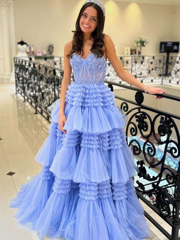 Adelyn |A-Line Sweetheart Tiered Long Tulle Prom Dress