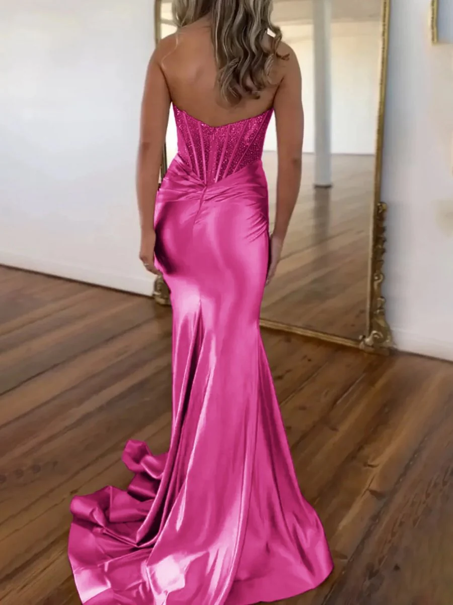 Serin | Purple Strapless Mermaid Satin Long Prom Dress With Beading