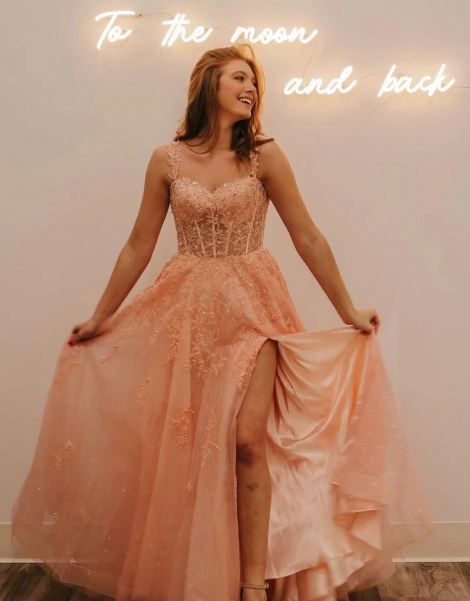 Rylie |A-Line Spaghetti Straps Glitter Tulle Prom Dress with Slit