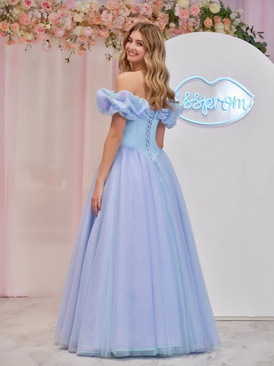 Isabel | Cinderella Blue Tulle Off the Shoulder With Crystals & Butterflies Ball Gown