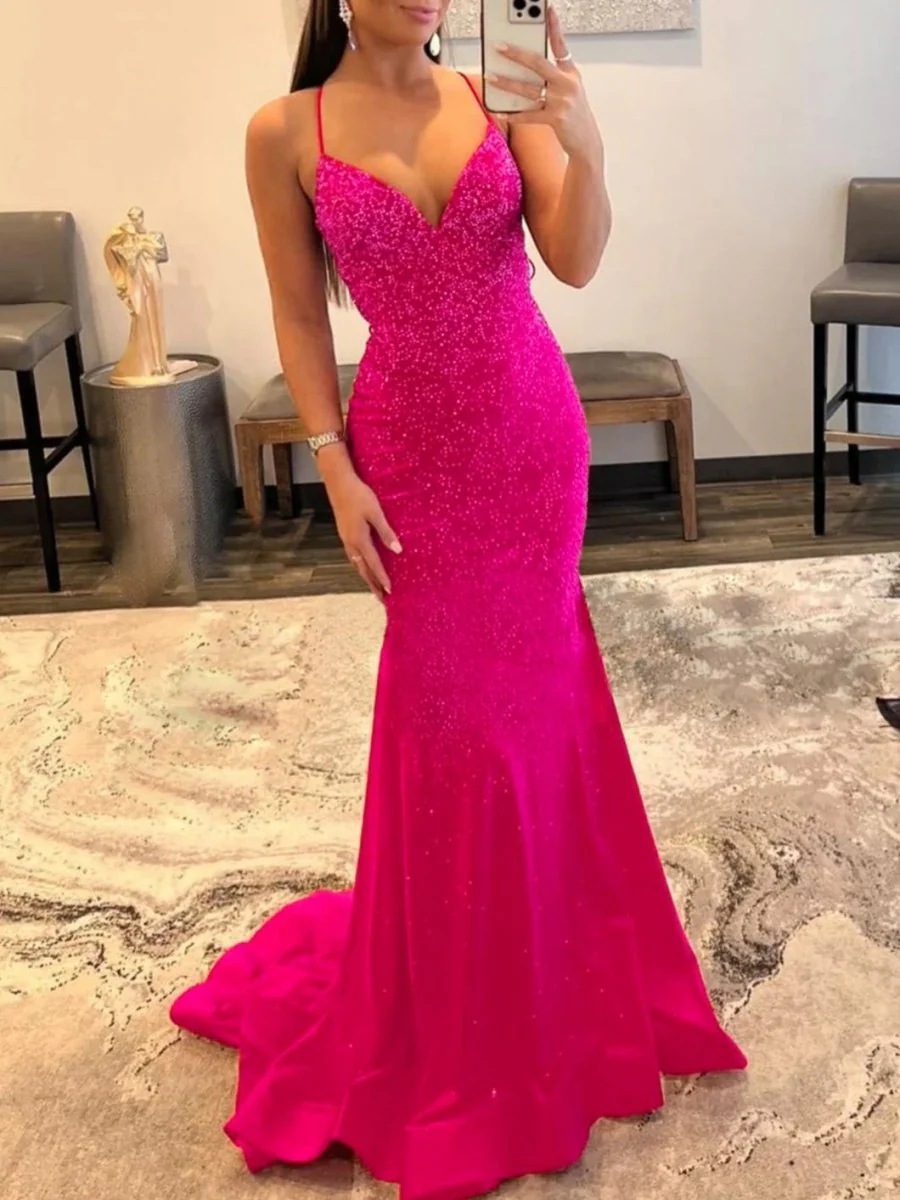 Malia |Mermaid V Neck Glitter Satin Prom Dress