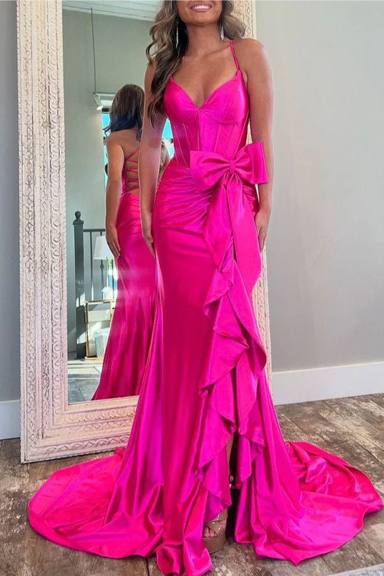 Jianna | Straps V-Neck Satin Mermaid Prom Dress with Bow