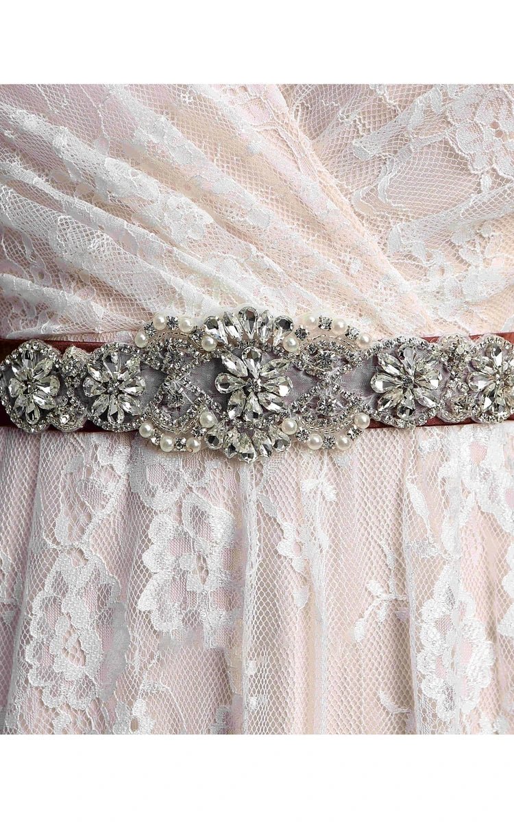 Short Sleeve V-neck Pleated Long Lace Wedding Dress