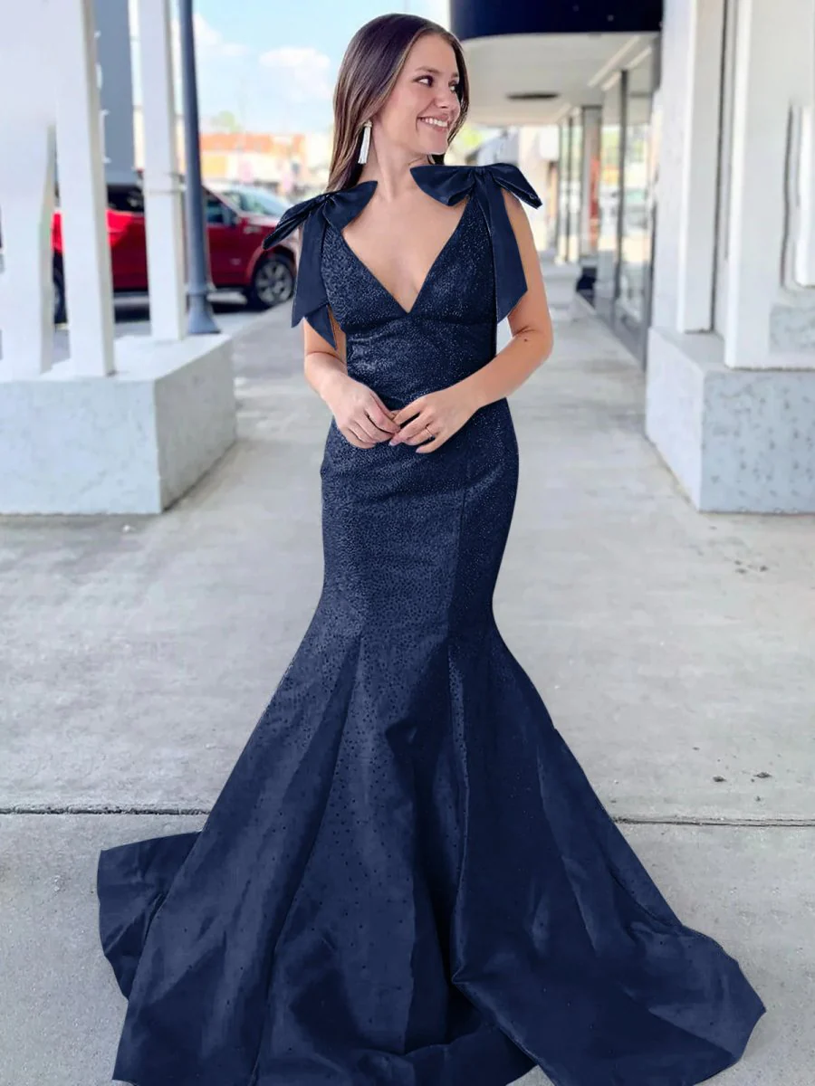 Kycera | Sky Blue V Neck Mermaid Satin Long Prom Dress With Bow