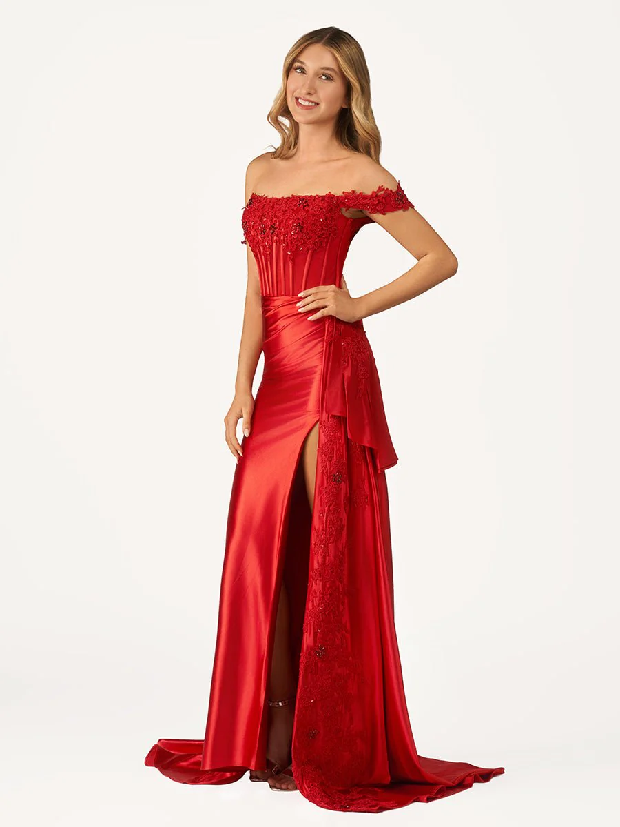Korla | Off the Shoulder Satin Beaded Prom Dress With Appliques