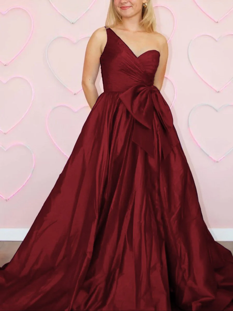 Elvinia | One Shoulder Satin A Line Prom Dress With Bow