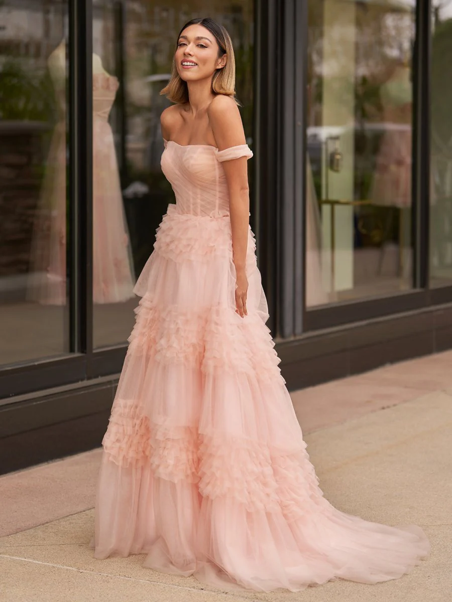Zariah | Blush Princess A line Off Shoulder Ruffled Tulle Prom Dress