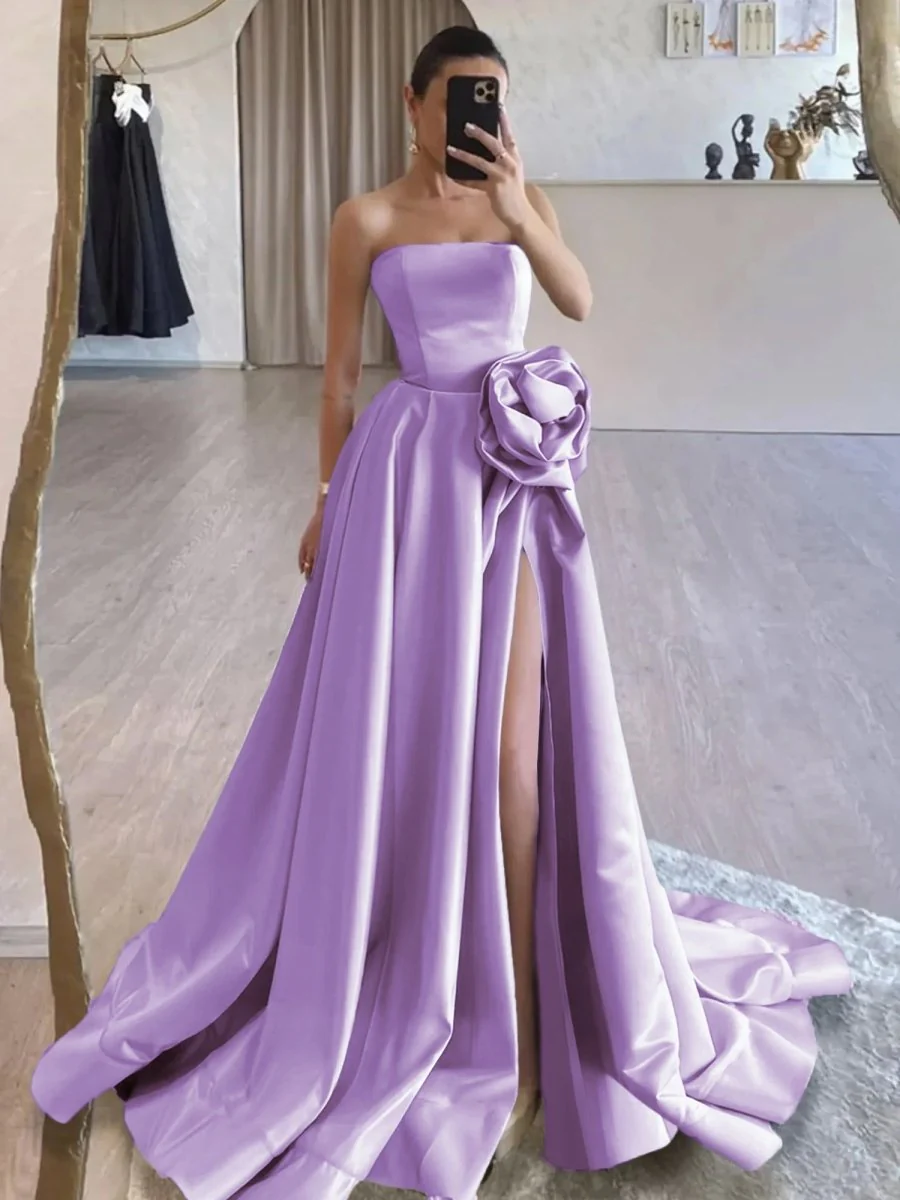 Vanora | Black Strapless Satin Long Prom Dress With High Split