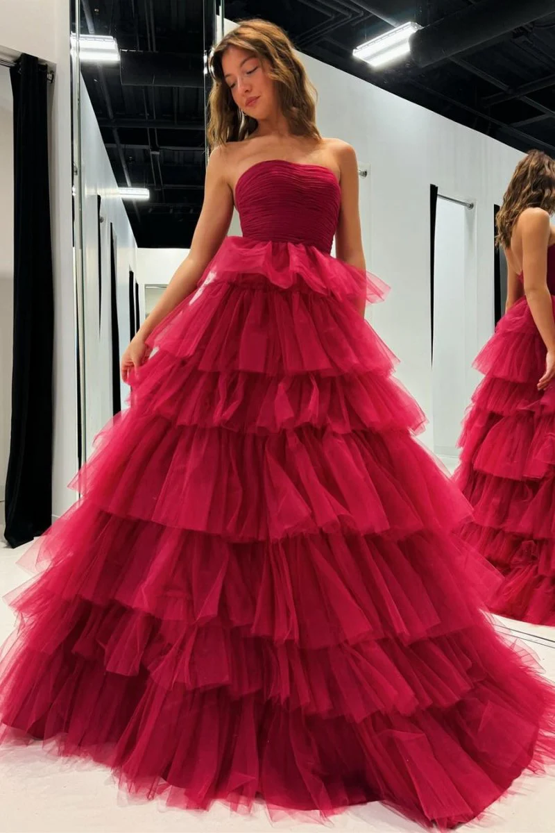 Daleyza |A-Line Strapless Tiered Tulle Prom Dress with Ruffles