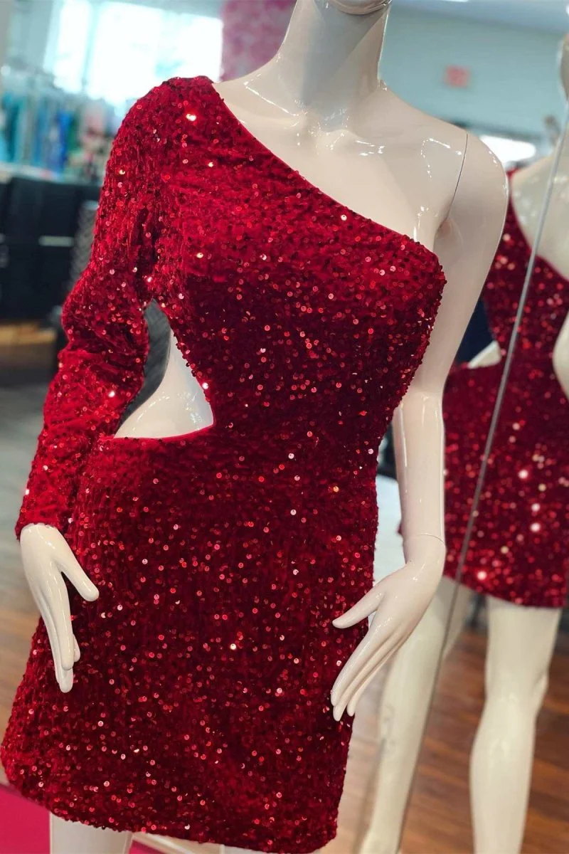 Kensley | Purple Sequin One-Sleeve Cutout Short Homecoming Dress