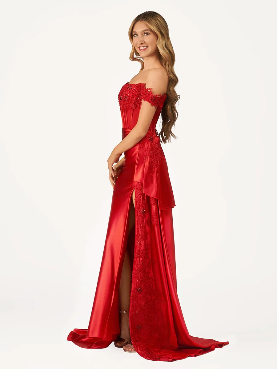 Korla | Off the Shoulder Satin Beaded Prom Dress With Appliques
