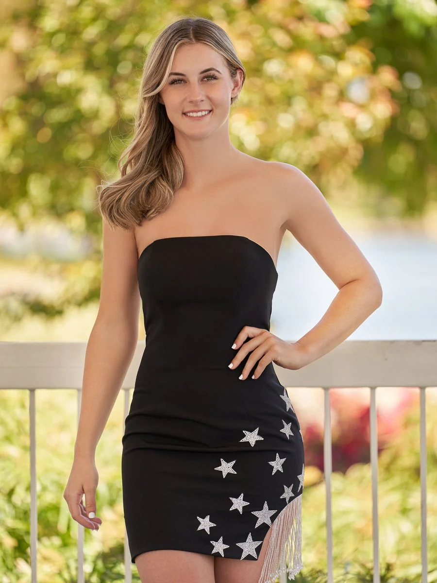 Helene |Sheath Black Strapless Satin Homecoming Dress With Star