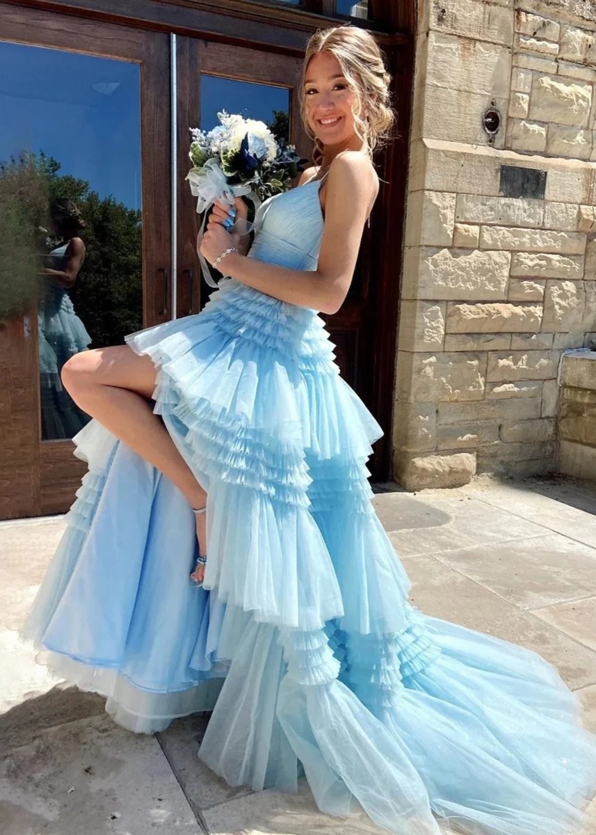 Amanda| A-Line Spaghetti Straps Long Tiered Tulle Prom Dress With Split