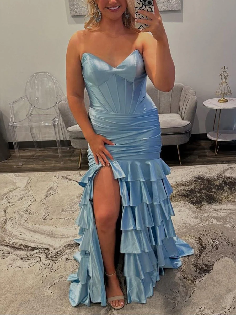 Diya | Mermaid Strapless Satin Ruffle Long Prom Dress With Split