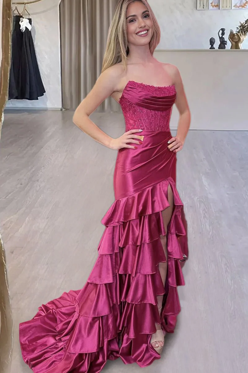 Yvonne | Charming Mermaid Strapless Pink Satin Long Prom Dresses with Appliques