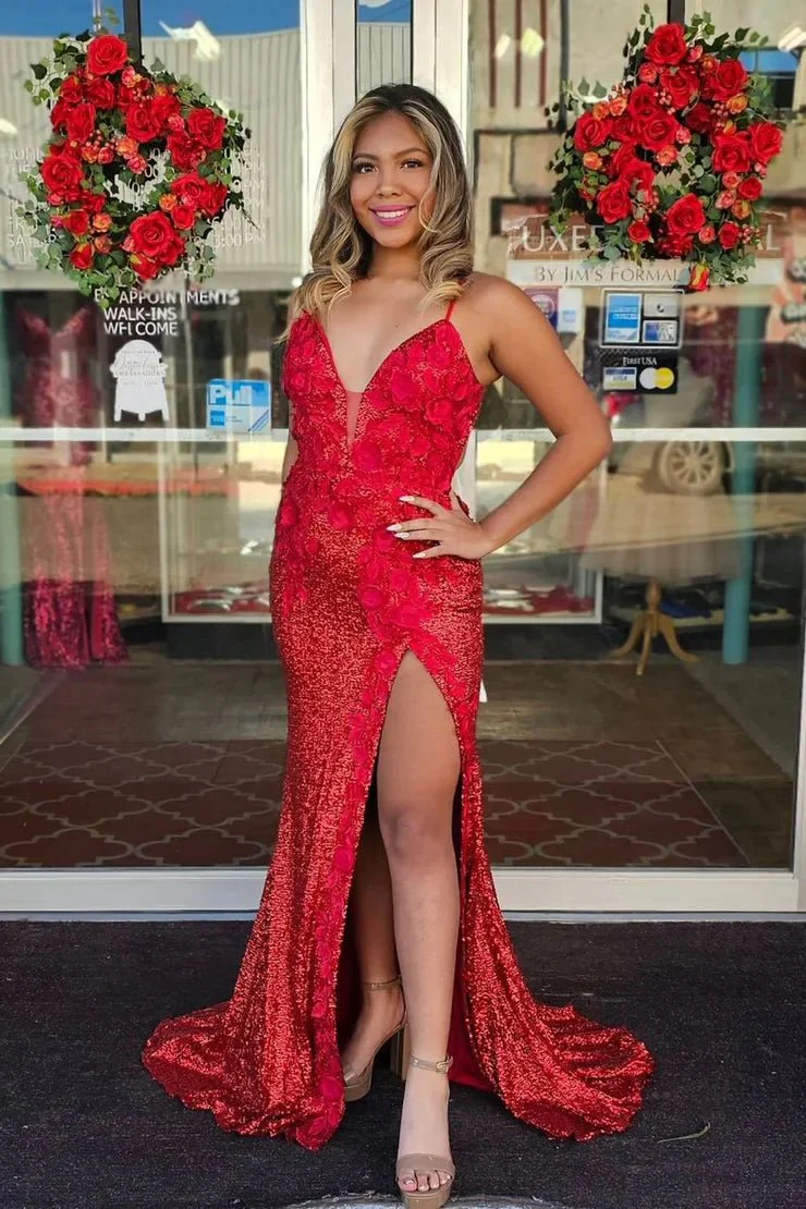 Miracle |Mermaid V Neck Sequins Prom Dress with Slit