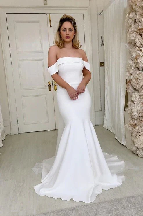 Off the Shoulder Ivory Satin Mermaid Wedding Dress