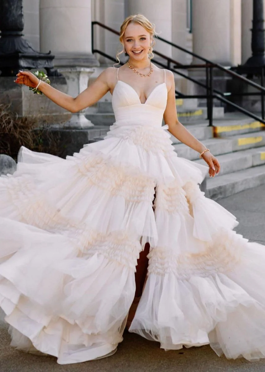 Amanda| A-Line Spaghetti Straps Long Tiered Tulle Prom Dress With Split
