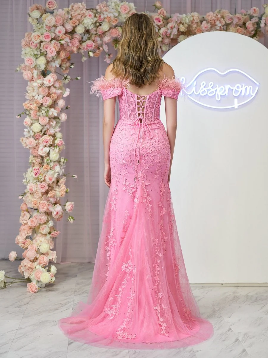 Elaina |Mermaid Deep V Neck Feather Lace Long Prom Dress