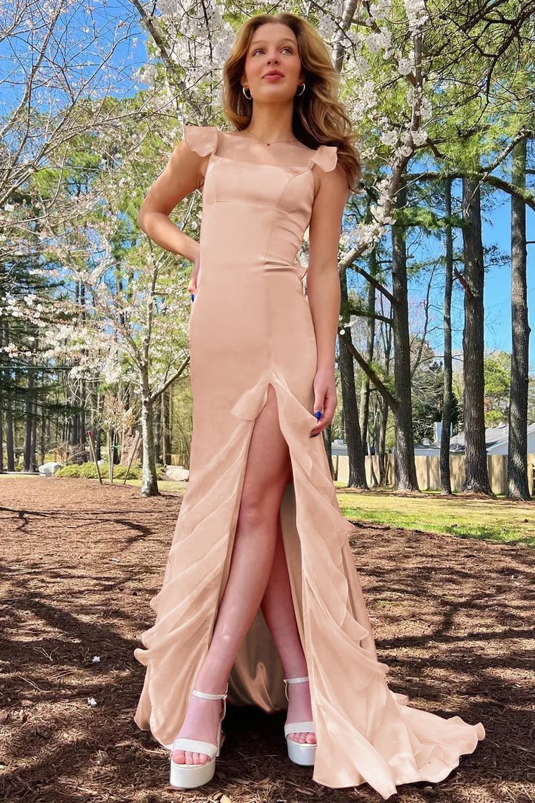 Ailani | Emerald Green Square Neck Ruffle Slit Prom Dress