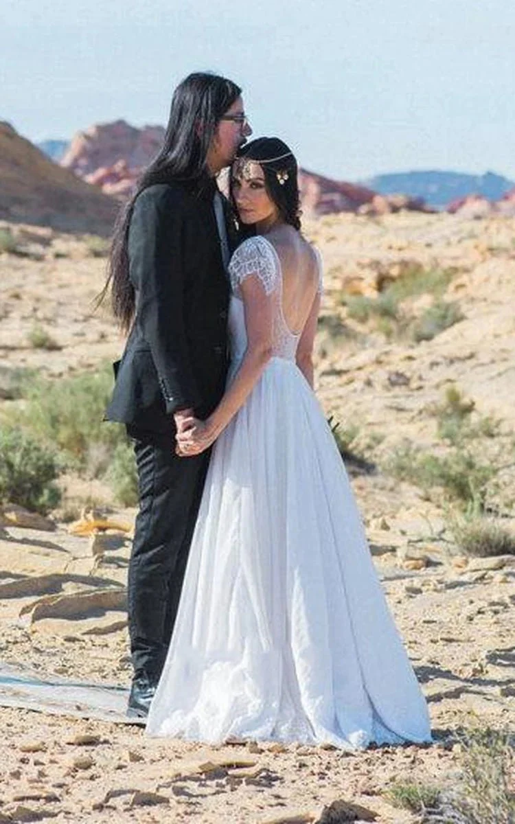 Scoop Neck Short Sleeve A-Line Chiffon Wedding Dress With Lace Hem