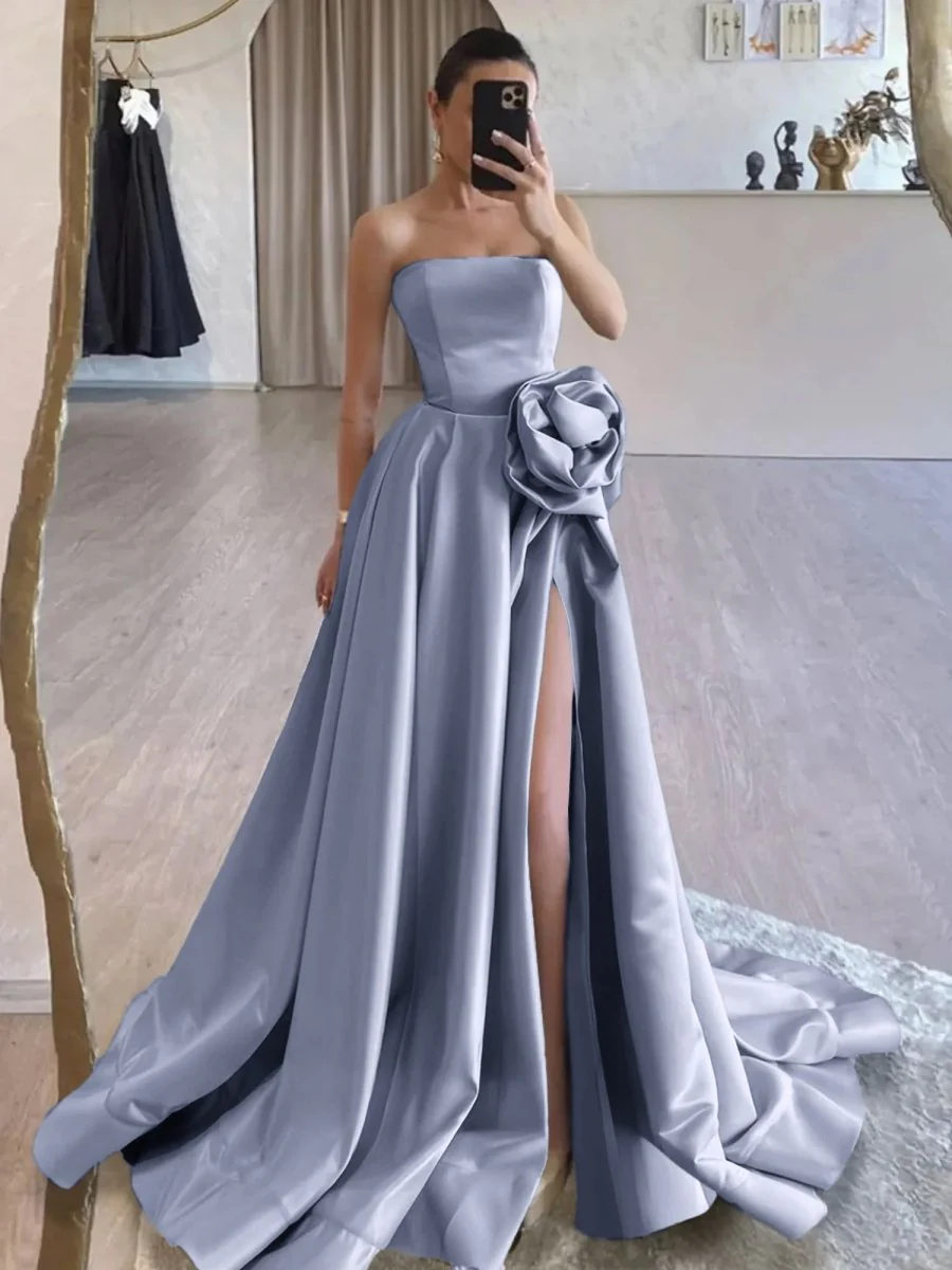 Vanora | Black Strapless Satin Long Prom Dress With High Split