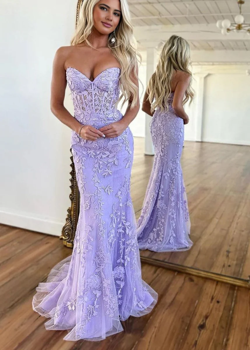 Evie |Mermaid Strapless Lace Prom Dress With Appliques