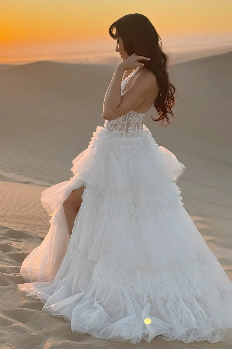 Morton|Red Tulle Appliques Halter Ruffle Tiered Ball Gown