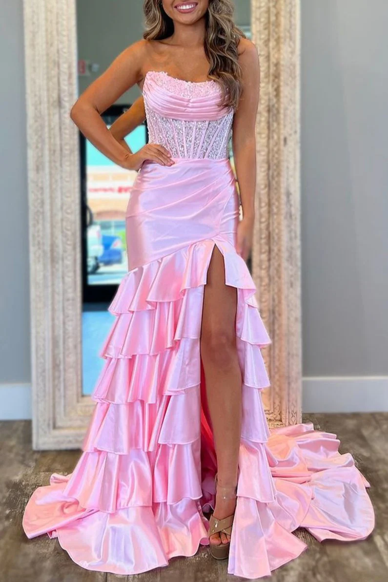Yvonne | Charming Mermaid Strapless Pink Satin Long Prom Dresses with Appliques