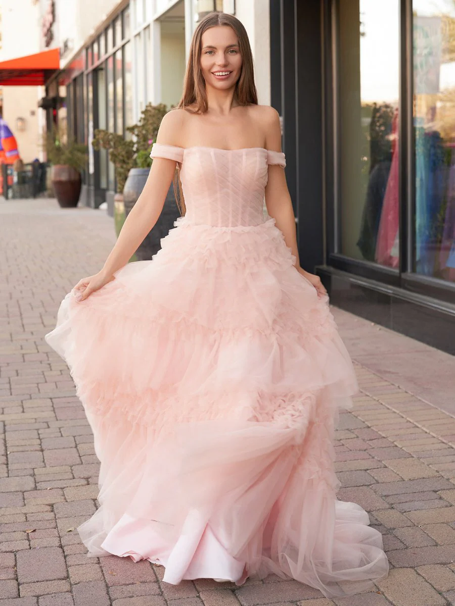 Zariah | Blush Princess A line Off Shoulder Ruffled Tulle Prom Dress