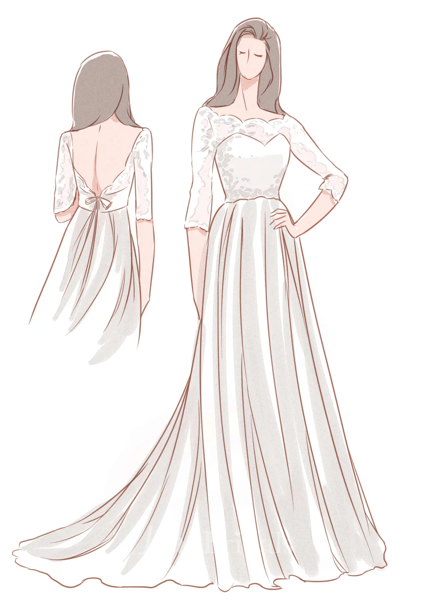 Romantic Style 3/4 Sleeve Long Chiffon Dress With Lace Bodice