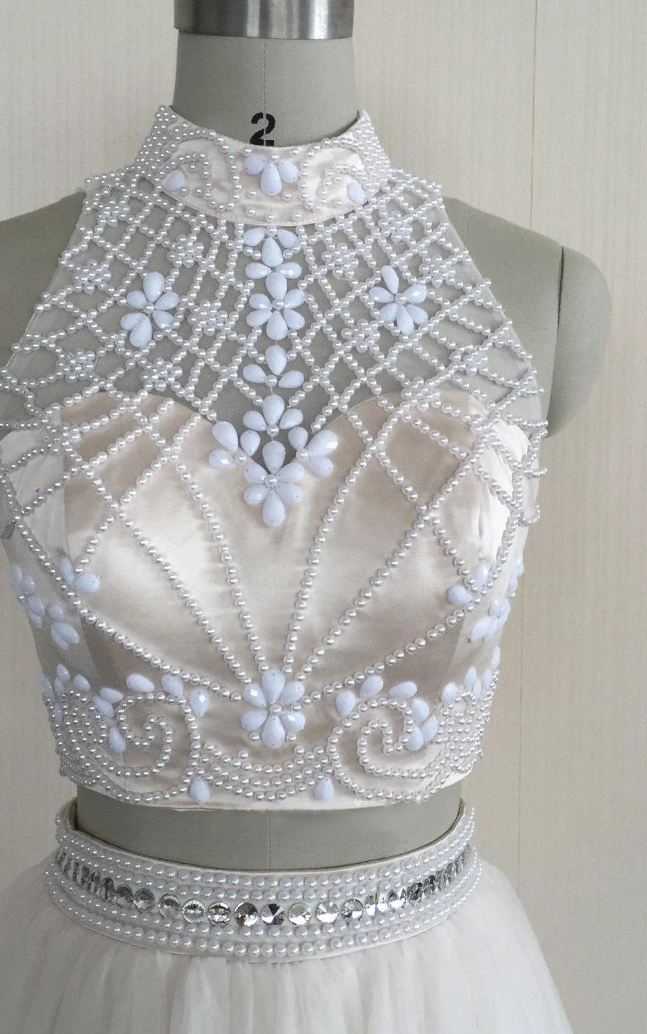 Two Piece High Neck Sleeveless Tulle Dress With Beading