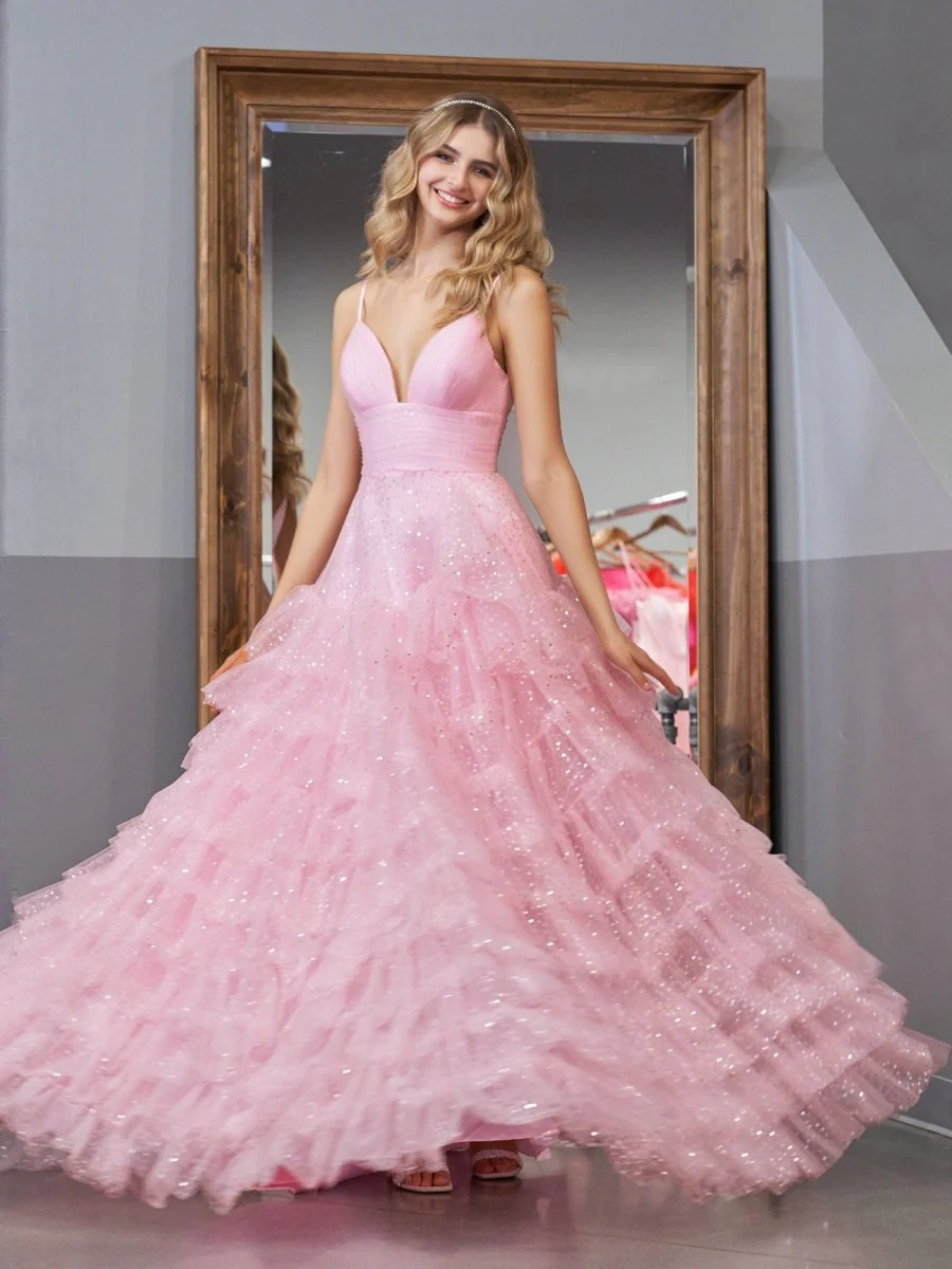 Alianna | Light Pink A-Line Tiered Spaghetti Straps Tulle Prom Dress