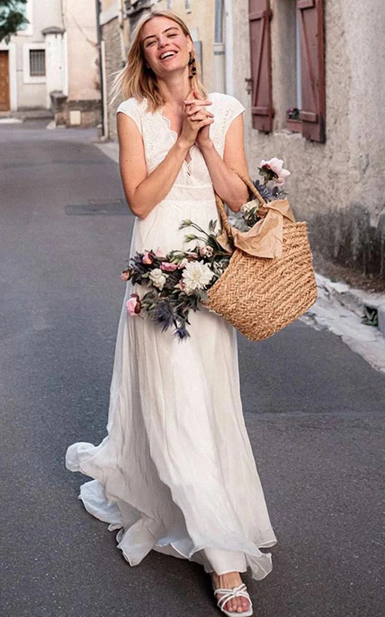 Ethereal Chiffon Lace V-neck A Line Short Sleeve Wedding Dress with Low-V Back