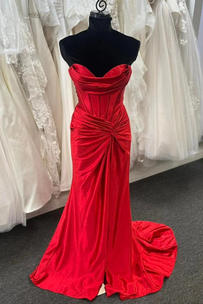 Nadia |Mermaid Strapless Satin Long Prom Dress With Slit