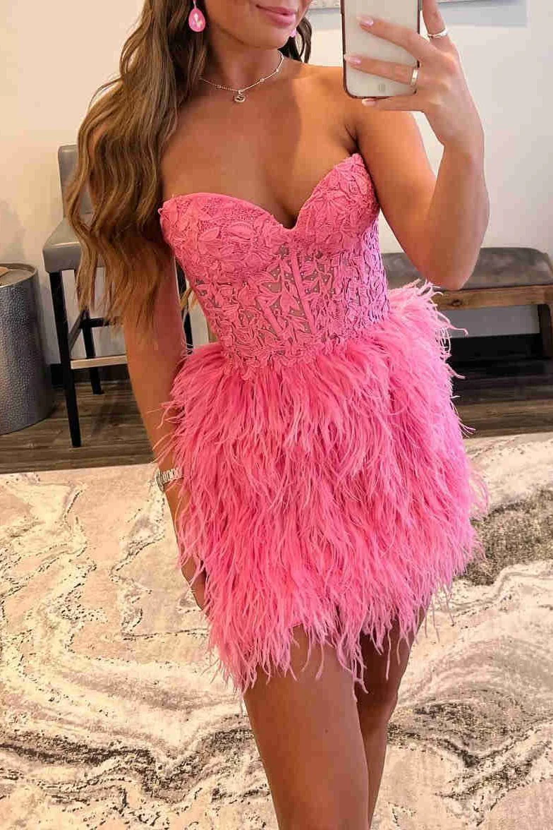 Amina |Sheath Sweetheart Lace Feather Skirt Homecoming Dress