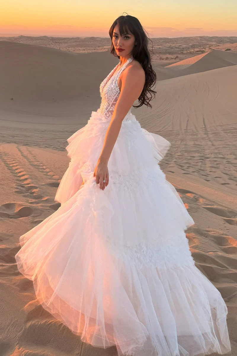 Morton|Red Tulle Appliques Halter Ruffle Tiered Ball Gown