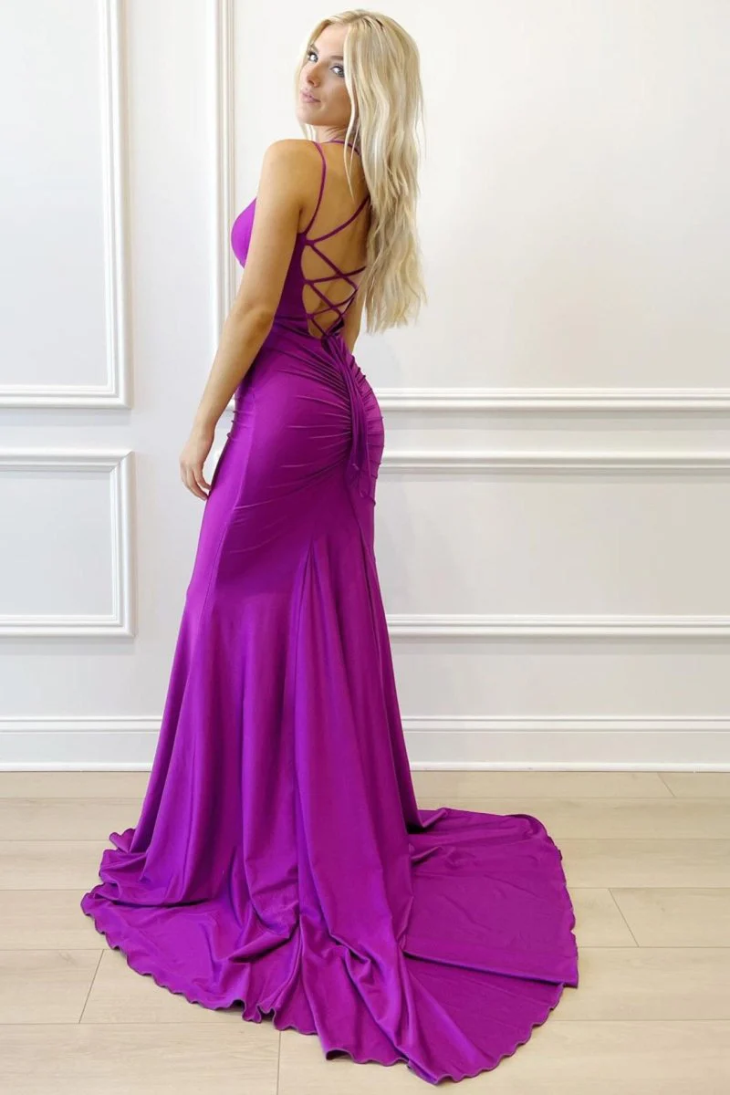 Purple V-Neck Lace-Up Mermaid Long Formal Dress
