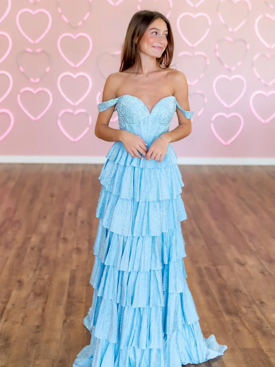 Verve | A Line V Neck Satin Tiered Long Prom Dresses With Beads