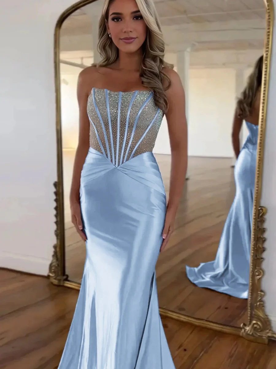 Serin | Purple Strapless Mermaid Satin Long Prom Dress With Beading