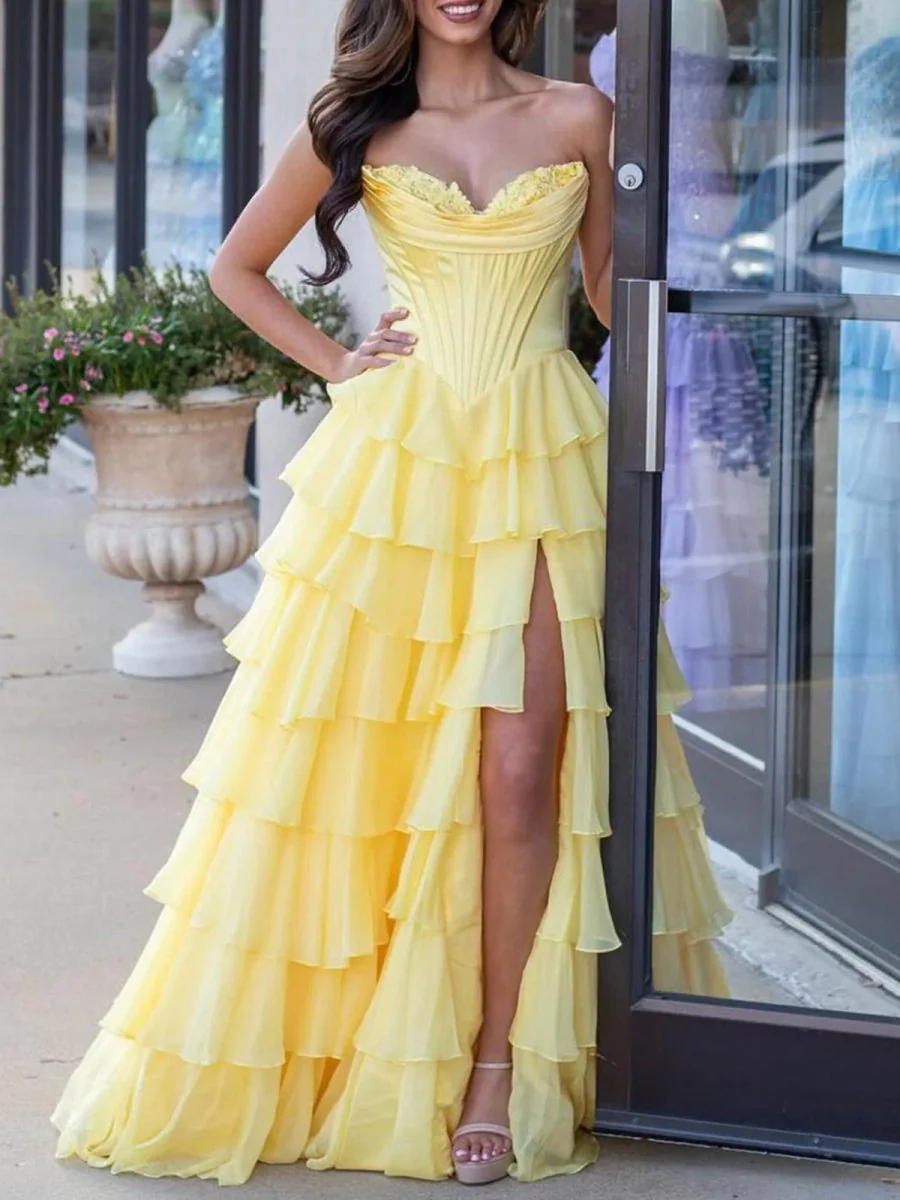 Ardea | Strapless A-Line Ruffle Long Prom Dress With Split